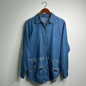 Blue denim shirt with tribal design about a size large